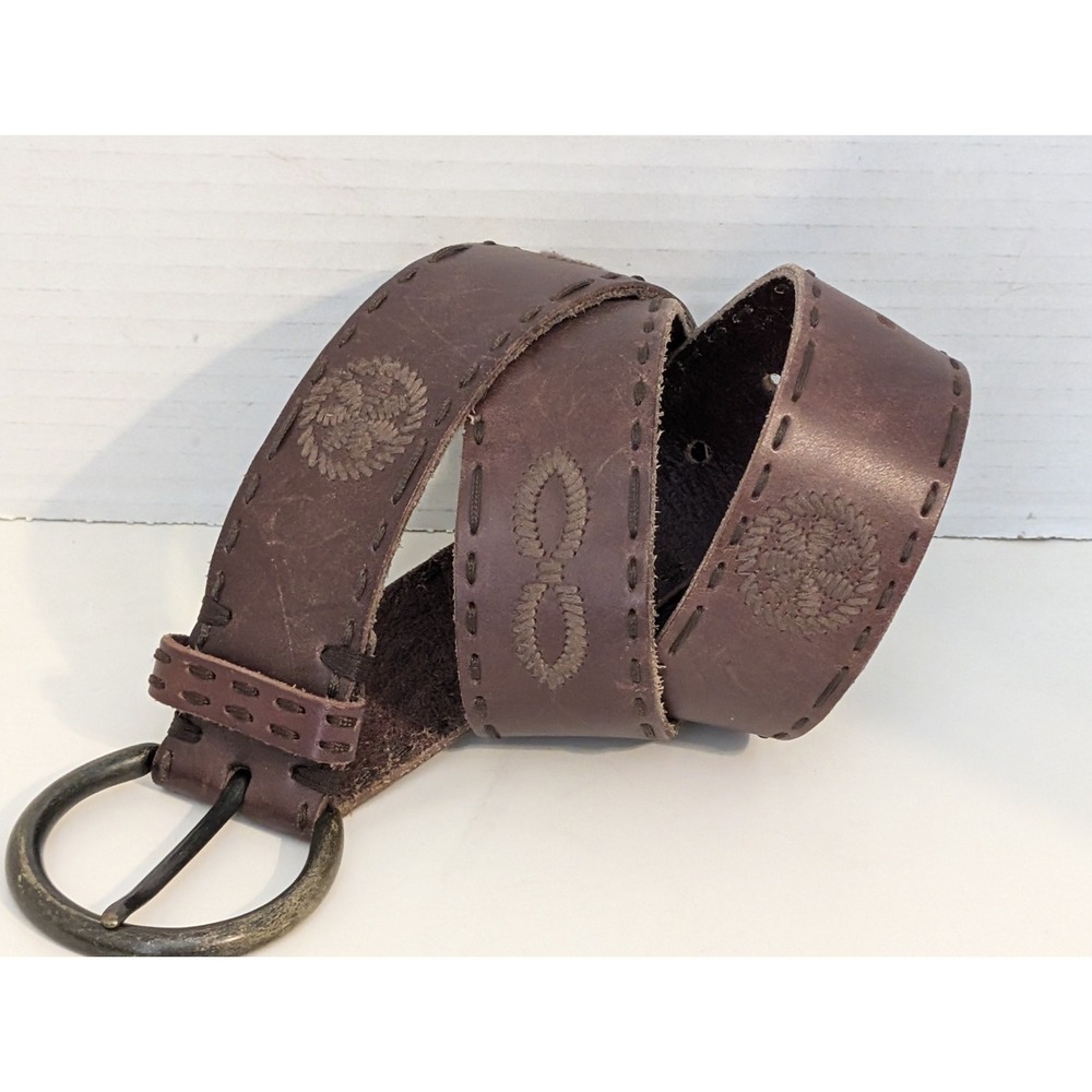 Linea Pella Brown Leather Embroidered Belt With Brass Buckle Women's 37" Hippie